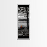Autumn Campfire Scene, Cozy Outdoors, Fall Evening Glow, Lakeside Calm, Framed Canvas Print Cabin Decor, Living Room Autumn Wall Art