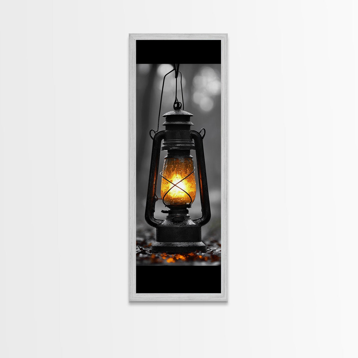 Vintage Lantern Glow, Moody Forest Scene, Rainy Night Light, Framed Canvas Print Rustic Entryway Wall Art, Autumn Warmth Art Style