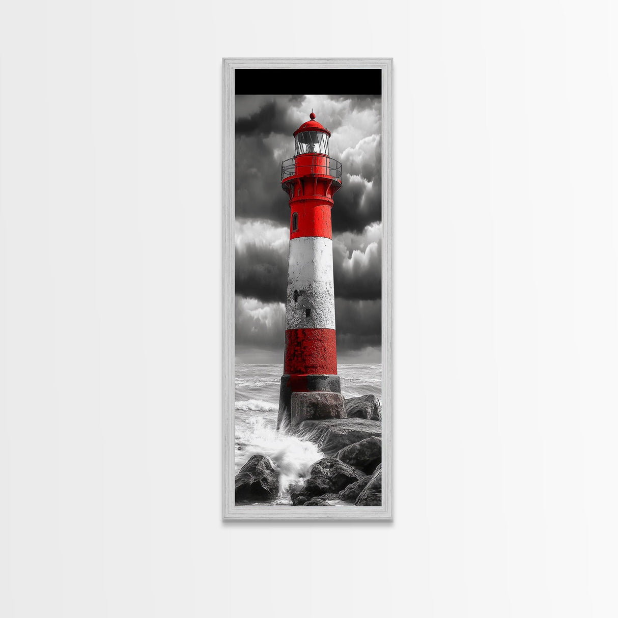 Red Lighthouse Storm, Coastal Beacon Art, Dramatic Seascape, Nautical Scene, Framed Canvas Print Living Room Wall Art, Moody Decor