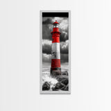 Red Lighthouse Storm, Coastal Beacon Art, Dramatic Seascape, Nautical Scene, Framed Canvas Print Living Room Wall Art, Moody Decor