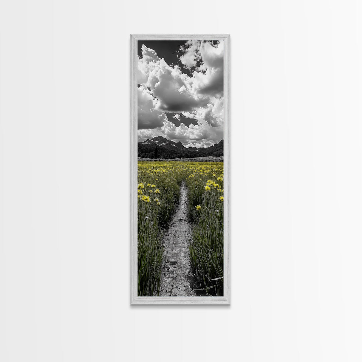 Yellow Field, Mountain Trail, Alpine Meadow, Bright Sky Framed Canvas Print, nature lover gift, landscape wall decor, cabin wall art