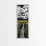 Yellow Field, Mountain Trail, Alpine Meadow, Bright Sky Framed Canvas Print, nature lover gift, landscape wall decor, cabin wall art