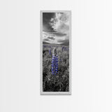 Blue Lupine, Wildflower Meadow, Cloudy Sky, Spring Bloom Framed Canvas Print, floral nature art, botanical hallway wall decor