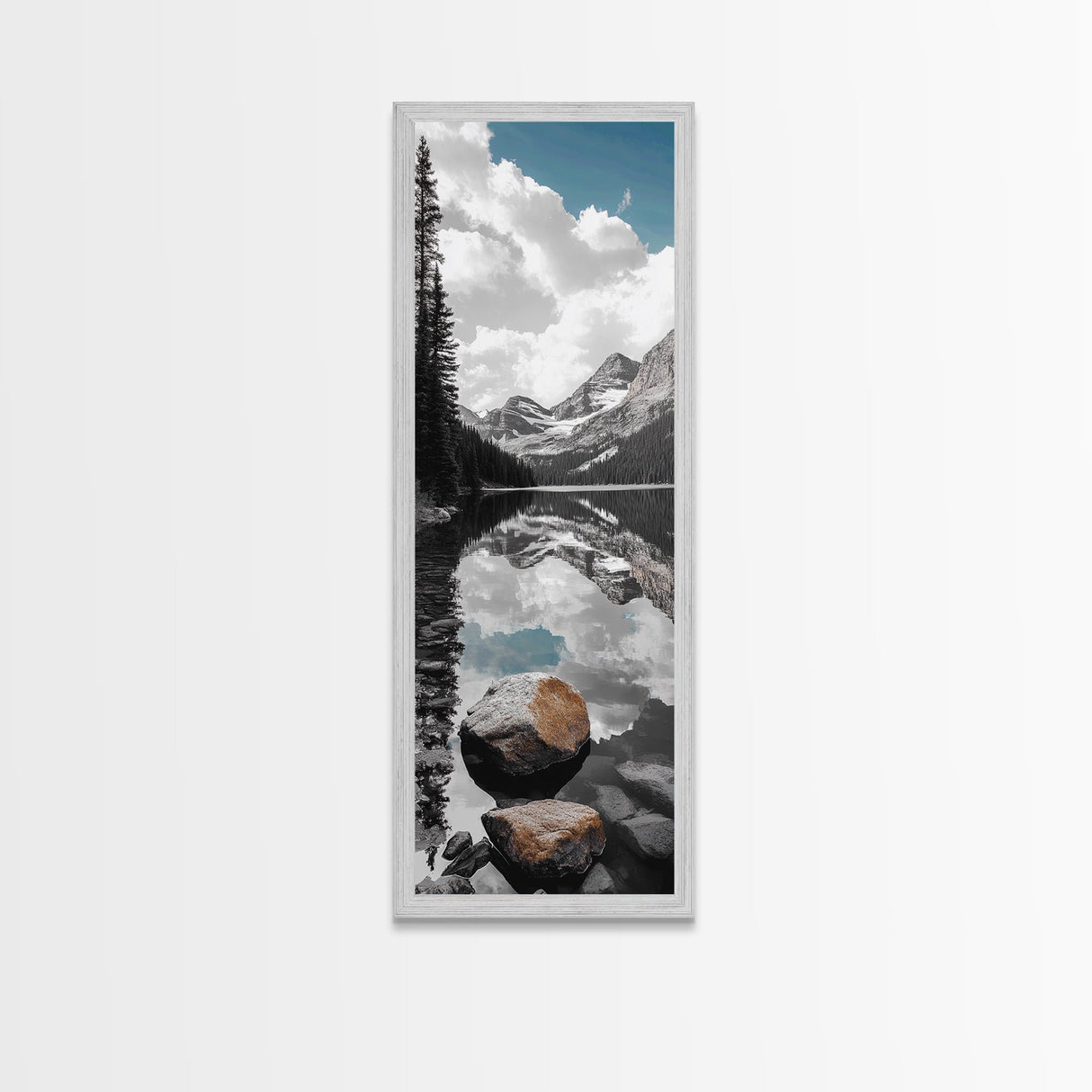 Alpine Reflection, Lake View, Mountain Tranquility, Framed Canvas Print, Nature Lover Gift, Bathroom Wall Art, Boho Landscape Art, Neutral Decor