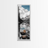 Alpine Reflection, Lake View, Mountain Tranquility, Framed Canvas Print, Nature Lover Gift, Bathroom Wall Art, Boho Landscape Art, Neutral Decor