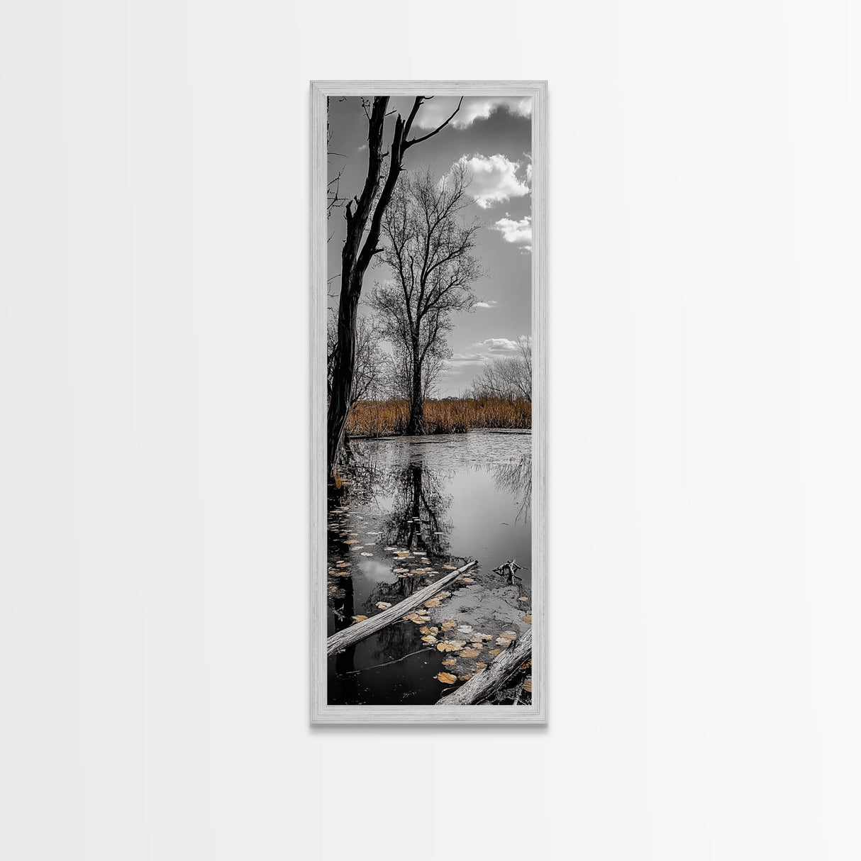 Swamp Trees, Moody Waters, Golden Lilies, Reflective Pond, Framed Canvas Print, Autumn Wall Art, Nature Decor, Living Room Landscape