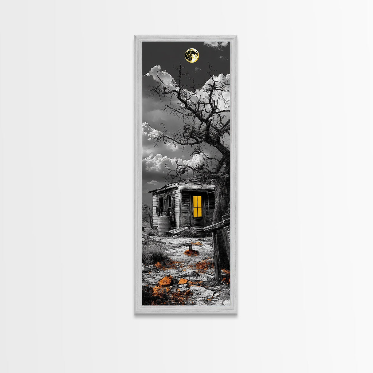 Haunted Cabin, Yellow Light, Full Moon, Framed Canvas Print, Halloween Wall Art, Gothic Decor, Spooky Home Accent, Fall Vibes