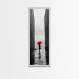Red Umbrella, Rainy Day, Urban Silhouette, Framed Canvas Print, Minimalist Wall Art, Modern Entryway Decor, Monochrome Mood