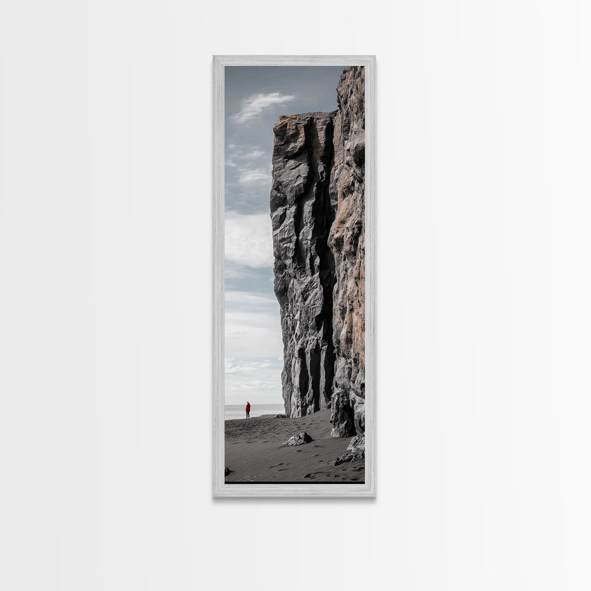 Cliff Wall, Ocean View, Lone Hiker, Rugged Coast, Framed Canvas Print, Adventure Art, Minimalist Decor, Office Wall Art, Modern Nature