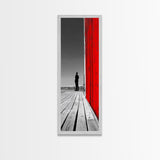 Man Silhouette, Red Wall, Boardwalk Contrast, Minimal Scene, Framed Canvas Print, Urban Wall Art, Modern Decor, Office Accent Piece