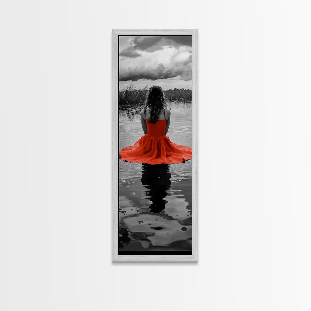 Woman in Red, Serene Lake, Moody Reflections, Dramatic Art Scene, Canvas Print, Bedroom Wall Art, Romantic Decor, Adventure Themed Ar