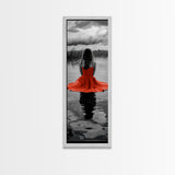 Woman in Red, Serene Lake, Moody Reflections, Dramatic Art Scene, Canvas Print, Bedroom Wall Art, Romantic Decor, Adventure Themed Ar