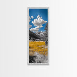 Golden Field, Mountain Range, Blue Sky, Framed Canvas Print, Autumn Landscape Art, Nature Lover Gift, Cabin Wall Art, Rustic Farmhouse Decor