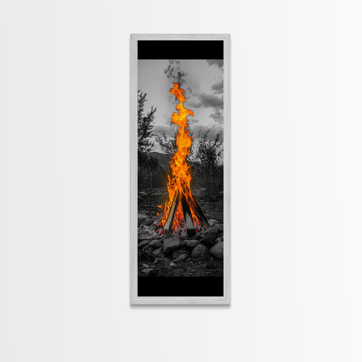 Towering Flame, Wild Fire Blaze, Dramatic Camp Scene, Canvas Print, Outdoor Wall Art, Autumn Adventure Decor, Rustic Nature Style