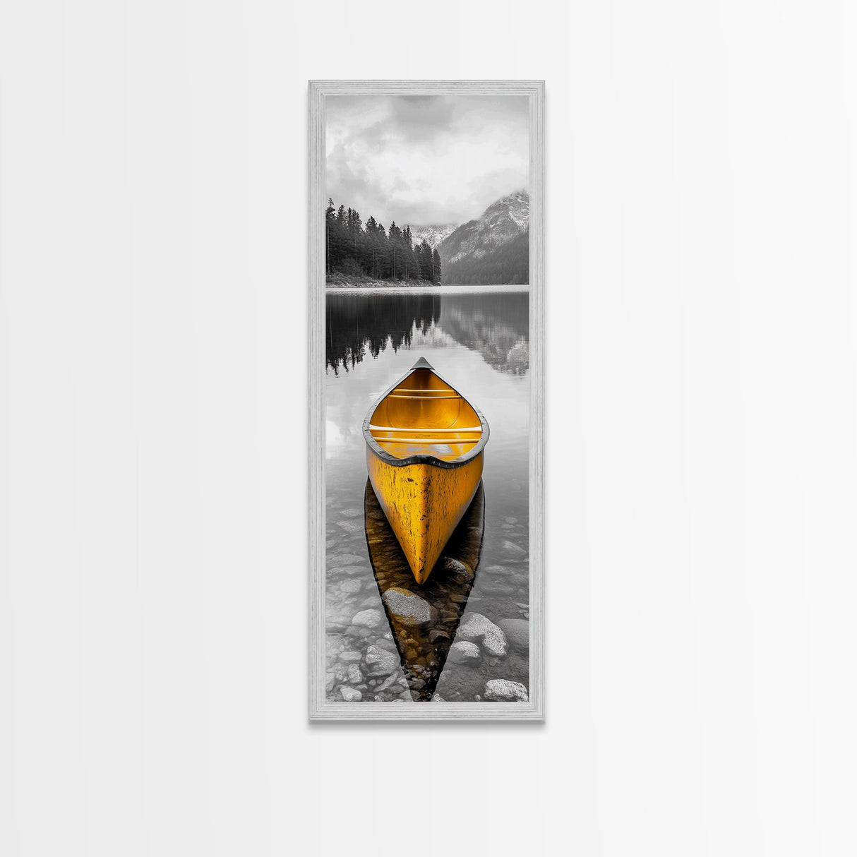 Yellow Canoe, Peaceful Lake, Mountain Reflections, Canvas Print, Nature Lover Gift, Minimalist Wall Art, Cabin Living Room Decor