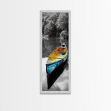 Blue and Yellow Canoe, Calm River Reflections, Rustic Boat Scene, Framed Canvas Print, Autumn Wall Art, Nature Inspired Decor