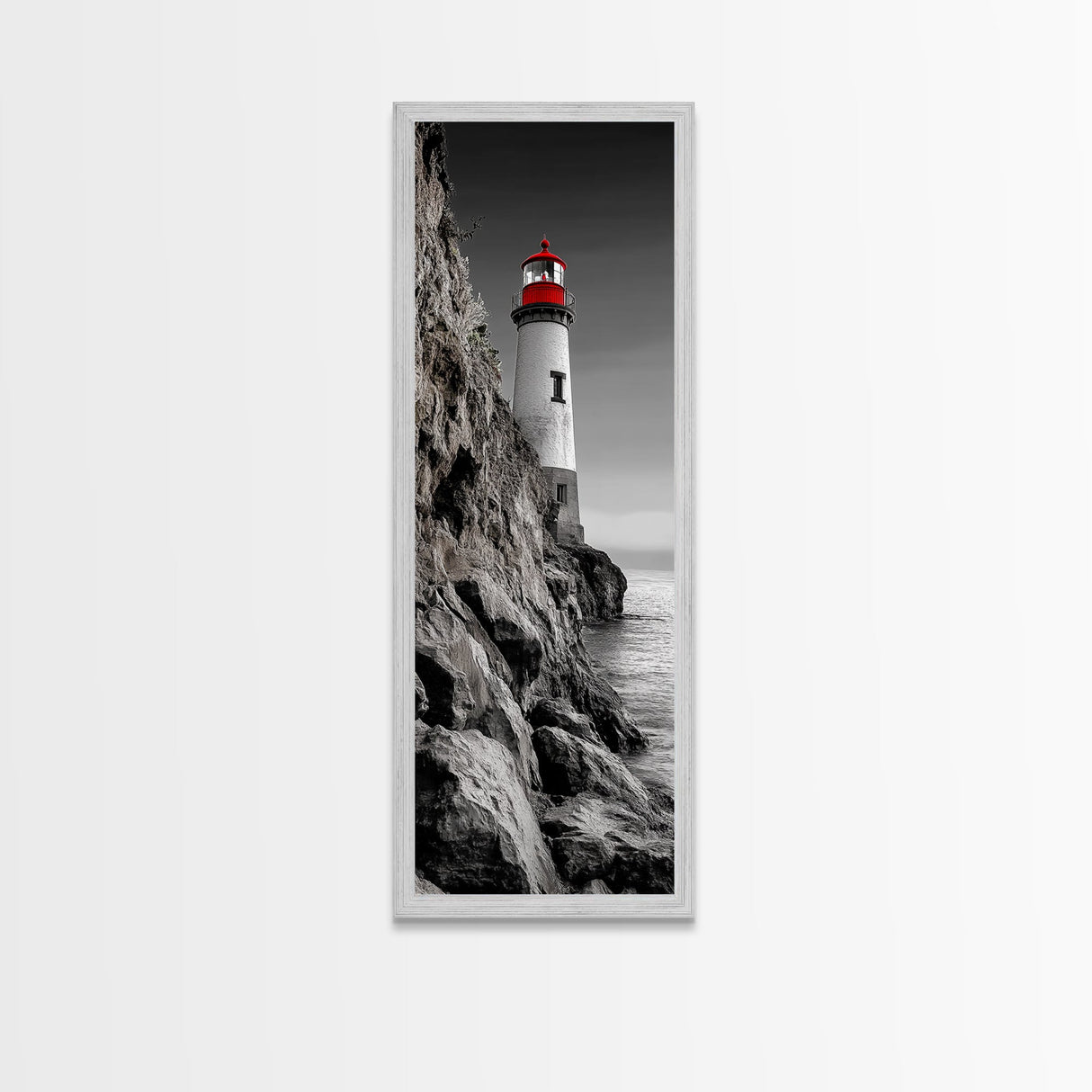 Red Lighthouse Art, Nautical Coastal Scene, Moody Seaside Decor, Framed Canvas Print, Ocean Wall Art, Bathroom or Office Accent