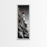 Red Lighthouse Art, Nautical Coastal Scene, Moody Seaside Decor, Framed Canvas Print, Ocean Wall Art, Bathroom or Office Accent