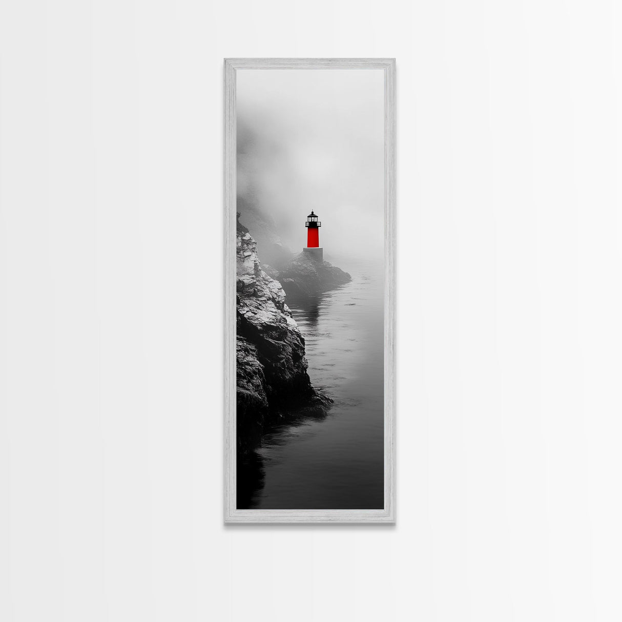 Misty Lighthouse View, Red Beacon Decor, Coastal Minimalist Art, Framed Canvas Print, Modern Seascape Living Room Wall Decor