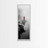 Misty Lighthouse View, Red Beacon Decor, Coastal Minimalist Art, Framed Canvas Print, Modern Seascape Living Room Wall Decor