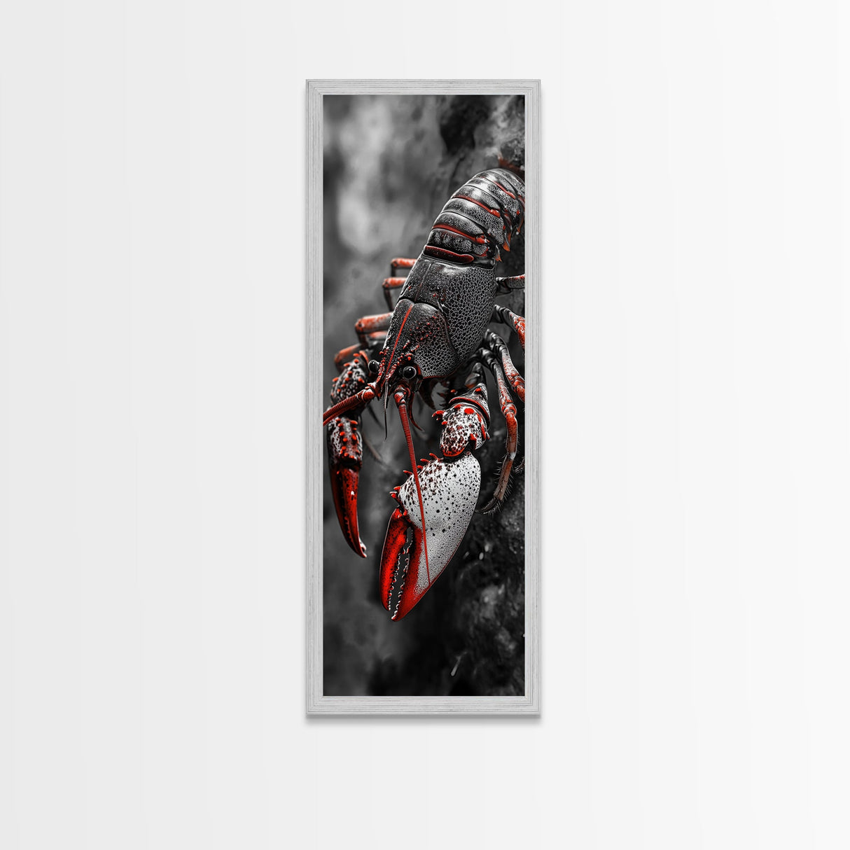 Red Lobster, Detailed Sea Art, Macro Crustacean, Dark Marine Art, Striking Coastal Piece, Framed Canvas Print, Moody Office Wall Decor