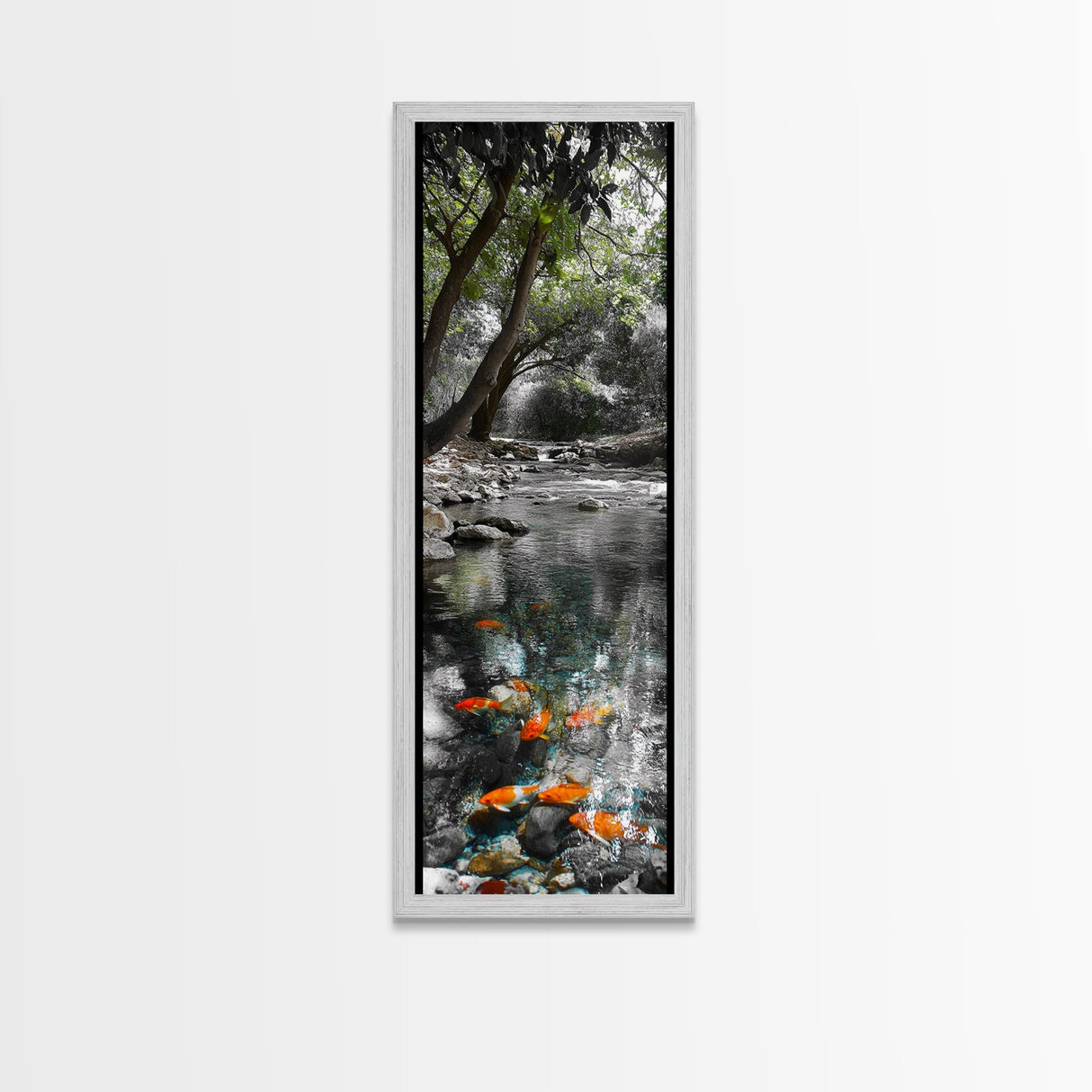 Koi Pond, Peaceful Water, Zen Garden Vibes, Orange Fish, Reflective Nature, Framed Canvas Print, Serene Bedroom Wall Art, Living Room Art