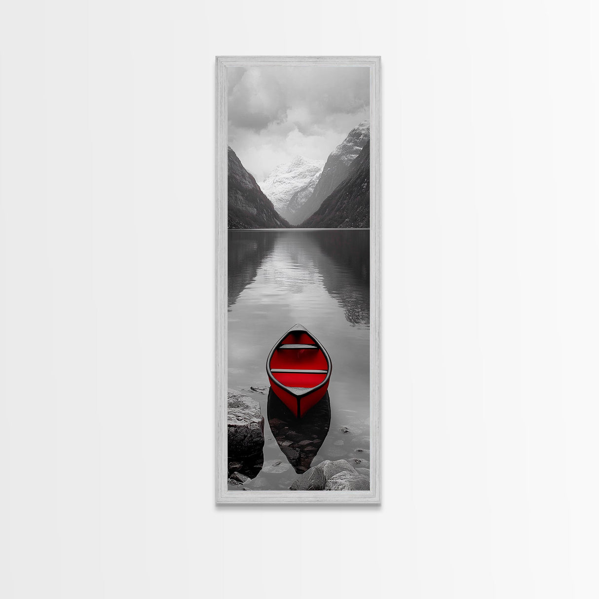 Red Canoe, Mountain Lake, Minimalist Reflection, Snowy Peaks, Framed Canvas Print, Nordic Cabin Wall Art, Serene Bedroom Decor