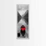 Red Canoe, Mountain Lake, Minimalist Reflection, Snowy Peaks, Framed Canvas Print, Nordic Cabin Wall Art, Serene Bedroom Decor
