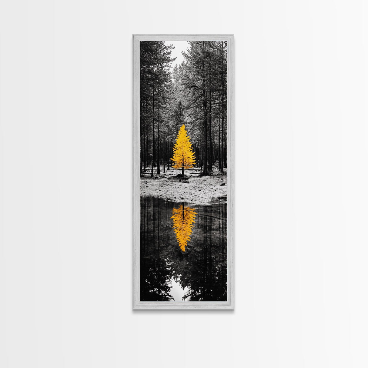 Golden Tree, Forest Reflection, Autumn Solitude, Nature Focused Minimalism, Framed Canvas Print, Zen Bathroom or Office Wall Art