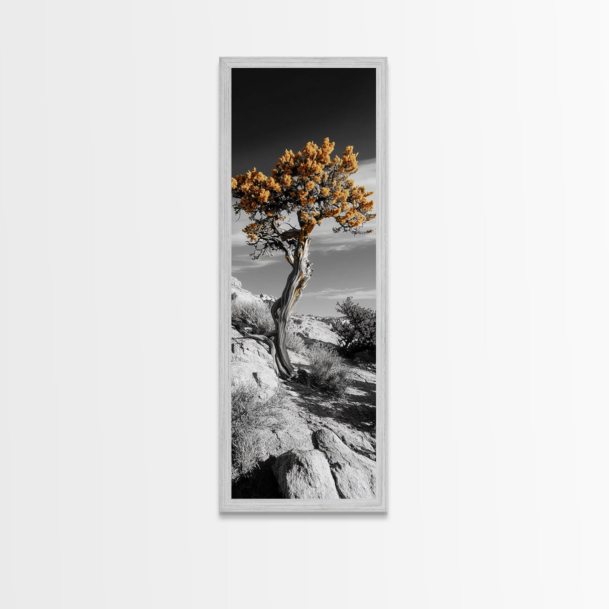 Twisted Tree, Desert Bloom, Rustic Wilderness, Nature Drama, Framed Canvas Print, Boho Living Room Wall Art, Moody Outdoor Style