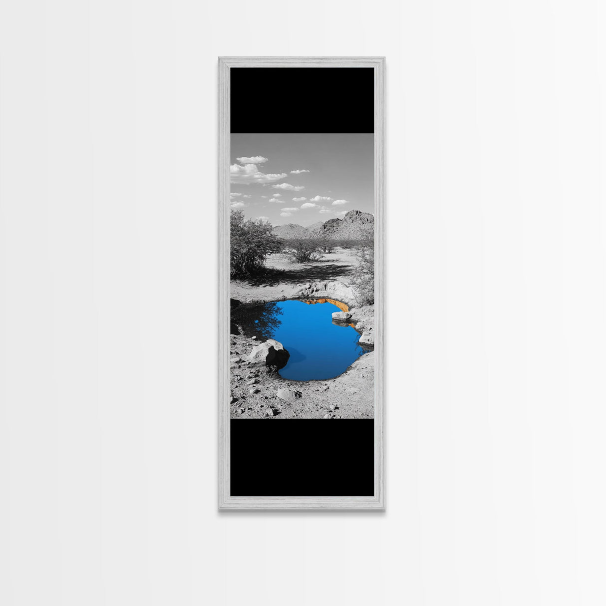 Blue Oasis, Desert Pool, Tranquil Reflection, Minimalist Landscape, Framed Canvas Print, Serene Entryway Wall Art, Calm Southwestern Decor