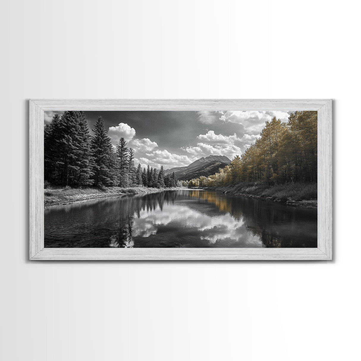 Lake, Mountains, Trees, Reflective mountain lake landscape in this Framed Canvas Print, peaceful Nature Lover Living Room Wall Art