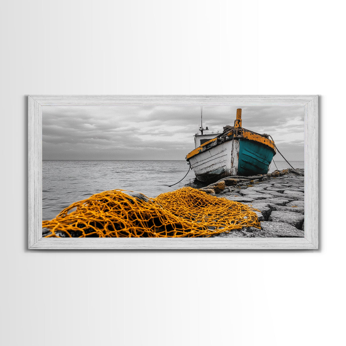 Fishing Boat, Coastal Life, Yellow Net, Framed Canvas Print, Nautical Decor, Beach House Wall Art, Seaside Photography, Ocean Lover Gift
