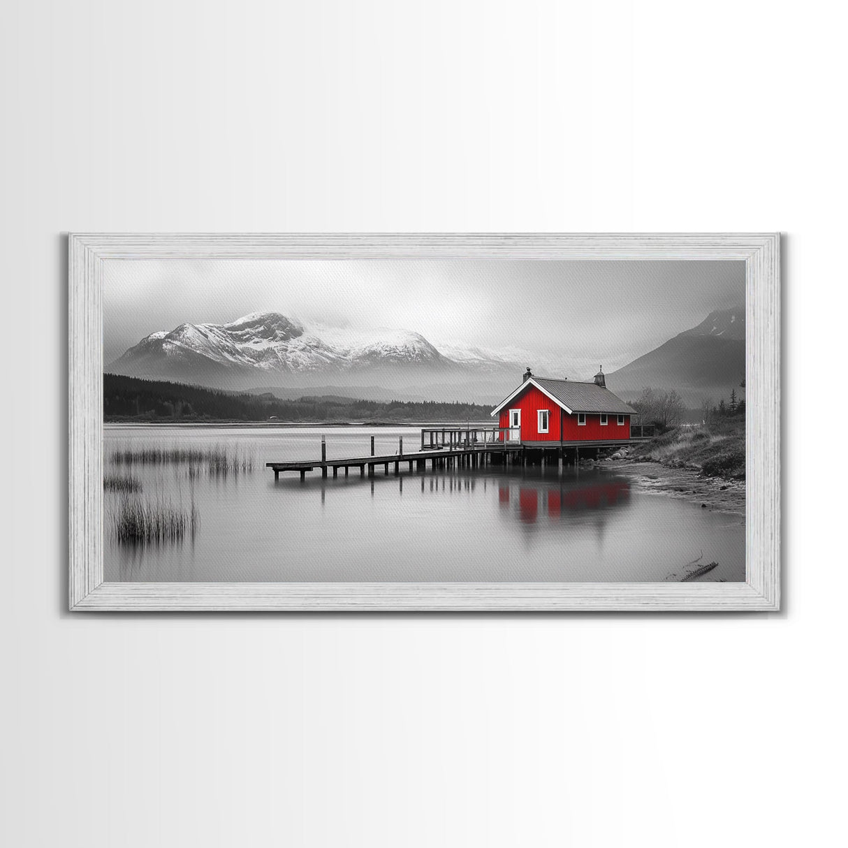 Red Cabin, Lake House, Mountain Reflection, Framed Canvas Print, Nordic Art, Winter Landscape, Bedroom Wall Art, Modern Minimalist Decor