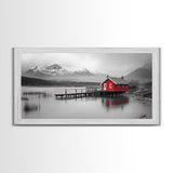 Red Cabin, Lake House, Mountain Reflection, Framed Canvas Print, Nordic Art, Winter Landscape, Bedroom Wall Art, Modern Minimalist Decor