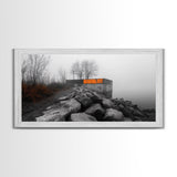 Fog Wall, Concrete Graffiti, Misty Lake Path, Framed Canvas Print, Urban Nature Blend, Moody Art, Hallway Decor, Modern Grayscale Style