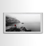 Red Hoodie, Ocean Cliff, Misty Silence, Framed Canvas Print, Minimalist Solitude Art, Mental Health Awareness, Bedroom Wall Decor, Calm Scene