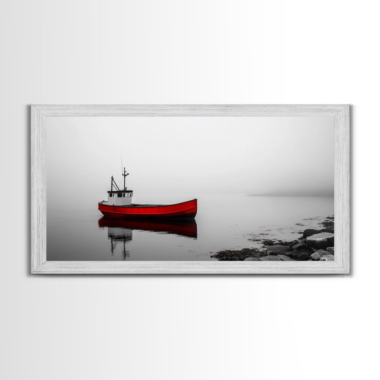 Red Boat, Calm Water, Minimalist Decor, Ocean Scene, Living Room Wall Art, Coastal Style, Canvas Print, Modern Nautical, Serene Landscape