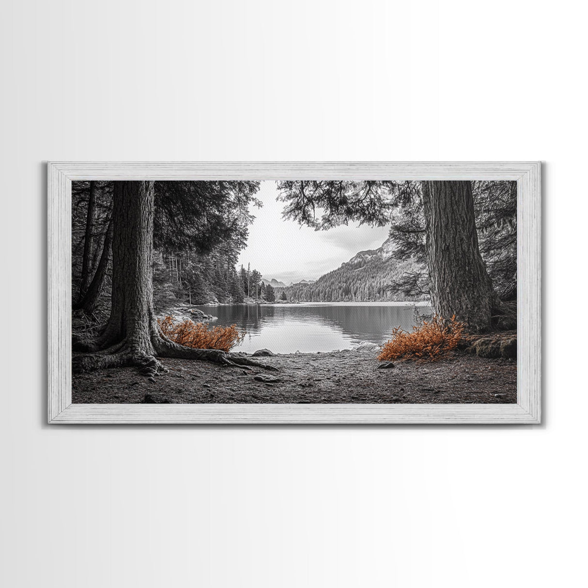 Forest Lake, Autumn Leaves, Nature Path, Woodland Style, Framed Canvas Print, Rustic Wall Art, Entryway Art, Cabin Wall Decor