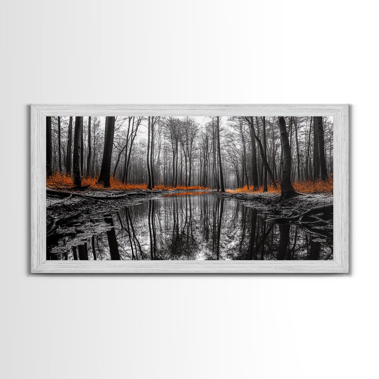 Reflected Forest, Orange Leaves, Tranquil River, Monochrome Fall, Canvas Print, Rustic Decor, Bedroom Wall Art, Woodland Scene