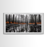 Reflected Forest, Orange Leaves, Tranquil River, Monochrome Fall, Canvas Print, Rustic Decor, Bedroom Wall Art, Woodland Scene