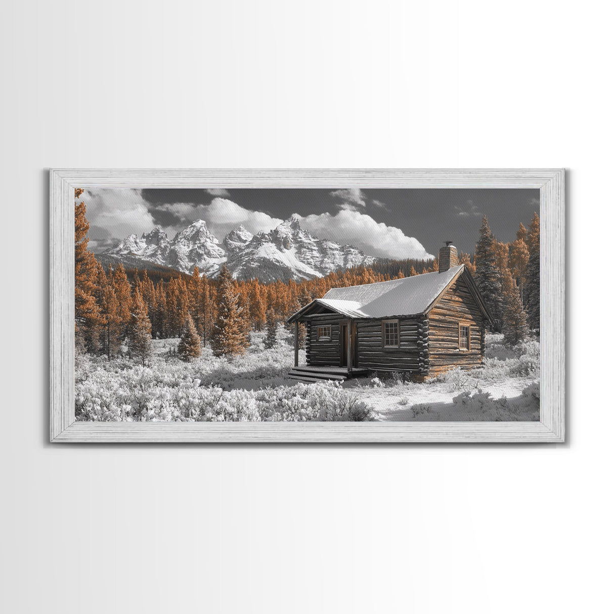 Snowy Cabin, Winter Landscape, Mountain Lodge, Rustic Retreat, Framed Canvas Print, Cozy Wall Art, Cabin Living, Holiday Decor