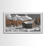 Snowy Cabin, Winter Landscape, Mountain Lodge, Rustic Retreat, Framed Canvas Print, Cozy Wall Art, Cabin Living, Holiday Decor