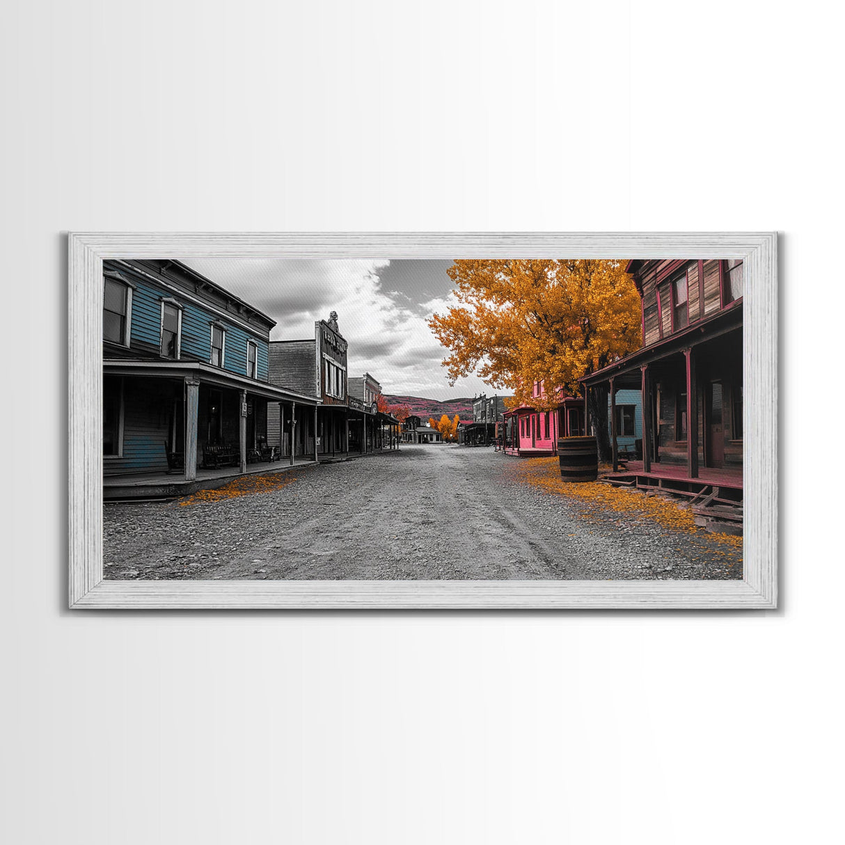 Wild West Town, Autumn Trees, Empty Street, Color Pop, Framed Canvas Print, Rustic Wall Decor, Hallway Art, Americana Style