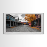 Wild West Town, Autumn Trees, Empty Street, Color Pop, Framed Canvas Print, Rustic Wall Decor, Hallway Art, Americana Style