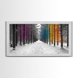Snowy Pines, Rainbow Forest, Winter Walkway, Colorful Trees, Canvas Print, Whimsical Art, Nursery Wall Art, Minimalist Nature Style
