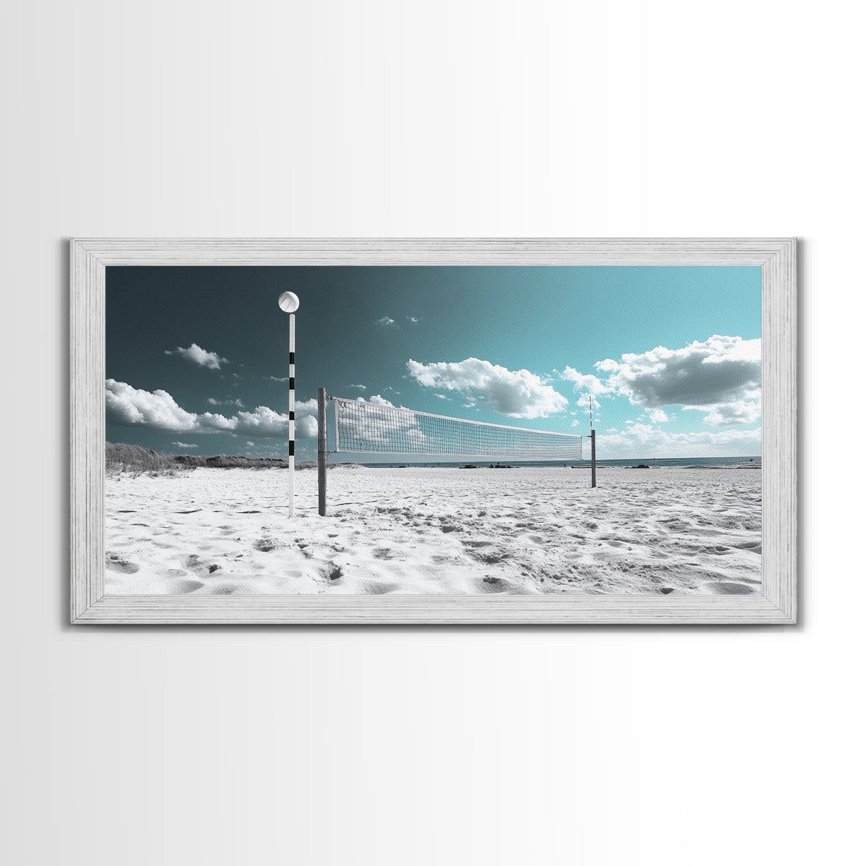 Beach Volleyball, Summer Sport, Minimalist Beach Scene, Sky Art, Framed Canvas Print, Game Room Wall Art, Coastal Modern Decor