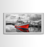 Red Boat, Dock Reflections, Moody Sky, Harbor Life, Framed Canvas Print, Nautical Wall Decor, Coastal Art, Living Room Art, Maritime Style
