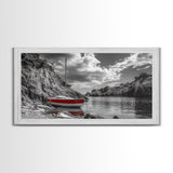 Red Sailboat, Rocky Cove, Tranquil Water, Coastal Escape, Canvas Print, Nautical Wall Art, Minimalist Seaside Style, Black White Art