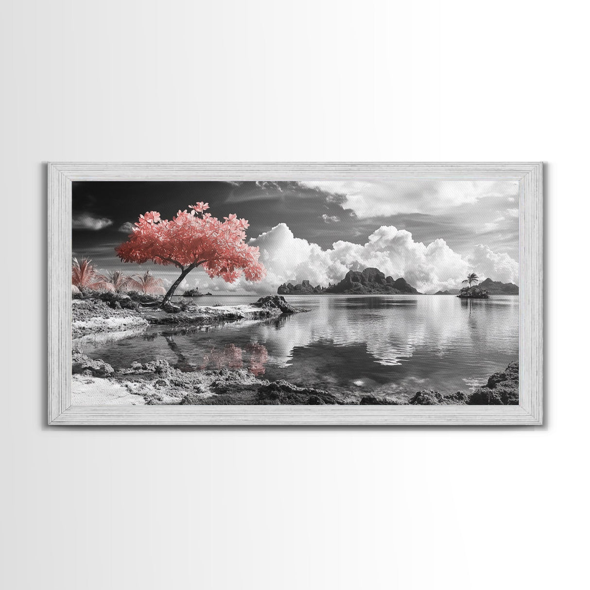 Pink Tree, Island Dreams, Serene Water, Tropical Sky, Framed Canvas Print, Boho Wall Art, Bedroom Decor, Black and White Landscape